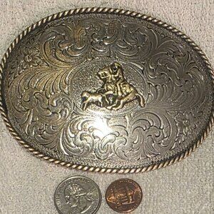 Vintage Metal Belt Buckle, Nice Sterling Silver Plate and Brass Cowboy, Calf